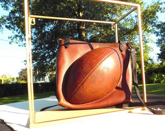 3D Football Leather Tote Bag - Upcycled football and leather tote and other recycled materials, made in USA
