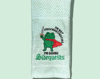 Frog Sidequests Towel, Funny Gamer Kitchen Decor, ADHD Humor Dish Towel