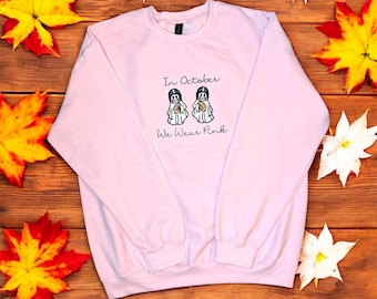 In October We Wear Pink Spooky Embroidered Sweatshirt, Halloween Fall Cozy Crewneck, Halloween Football Sweatshirt