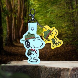 Puede incluir: Un llavero de Snoopy azul claro con un sombrero de guardabosques verde y rojo y un llavero de Woodstock amarillo. Los llaveros est&aacute;n sujetos a un cierre de metal plateado. El fondo es una escena de bosque borrosa.