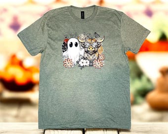 Ghost & Highland Cow Tee, Highland Cow Lover Gift, Farmhouse Style Shirt, Autumn Shirt