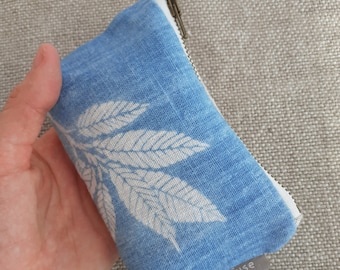 Small indigo blue pouch hand cut stencil leaf pattern