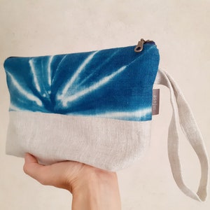 Neceser grande de lino Indigo natural líneas shibori japonesas
