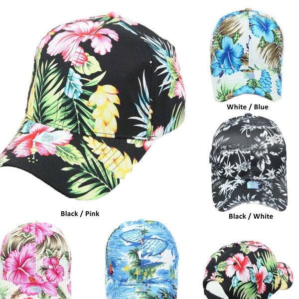 Cute Hawaiian Holiday Hibiscus Flowers Baseball Hat Floral Hats Fashion Casual Tropical Adjustable Cap Vacation Hiking Ocean Blue