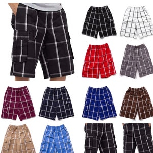Mens Long Shorts Plaid Cargo Checkered Multi 6 Pockets 90s Loose Fit Drawstring Casual Hip Hop Big Size Pattern Pants S-5XL