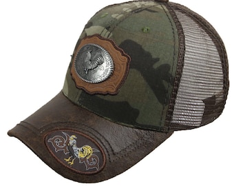 The COOK Rooster Animal Farm Trucker Embroidered Mesh Brown Tan Snapback Hat Cap