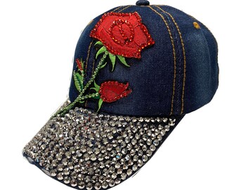 Rhinestone Cap Red Rose Jean Denim Hat 