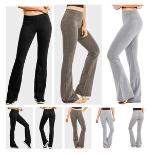 Premium Cotton Fold-Over Yoga Flare Pants Everyday Leggings Stretchy Gym  Workout