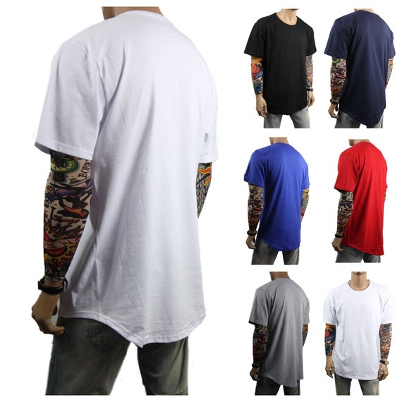 Mens Long T- Shirt Elongated Casual Crew Neck Hip Hop Tee