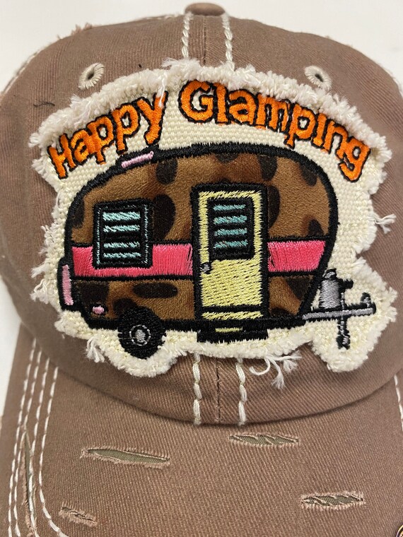 Happy Glamping Cap Distressed Vintage Sun Baseball Hat Home Away from Home Cotton Visor Fashion Casual Outdoors Hiking Fishing Camping