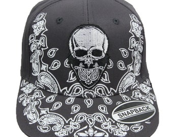 Bad Kings Cap Structured Skull Bandana Embroidered High Crown Dark Gray Cotton Snapback Adjustable Biker Fashion Camping Outdoor