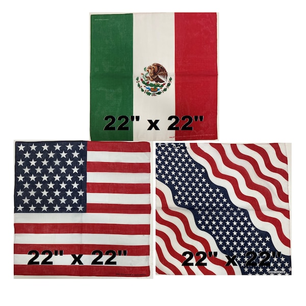 Flag Bandana Lot 3, 6 & 12 Pack Head Wear 22 x 22 inches Soft Cotton USA Flags Escudo Mexico Flag Neck Head Wrap Biker Scarf Gift