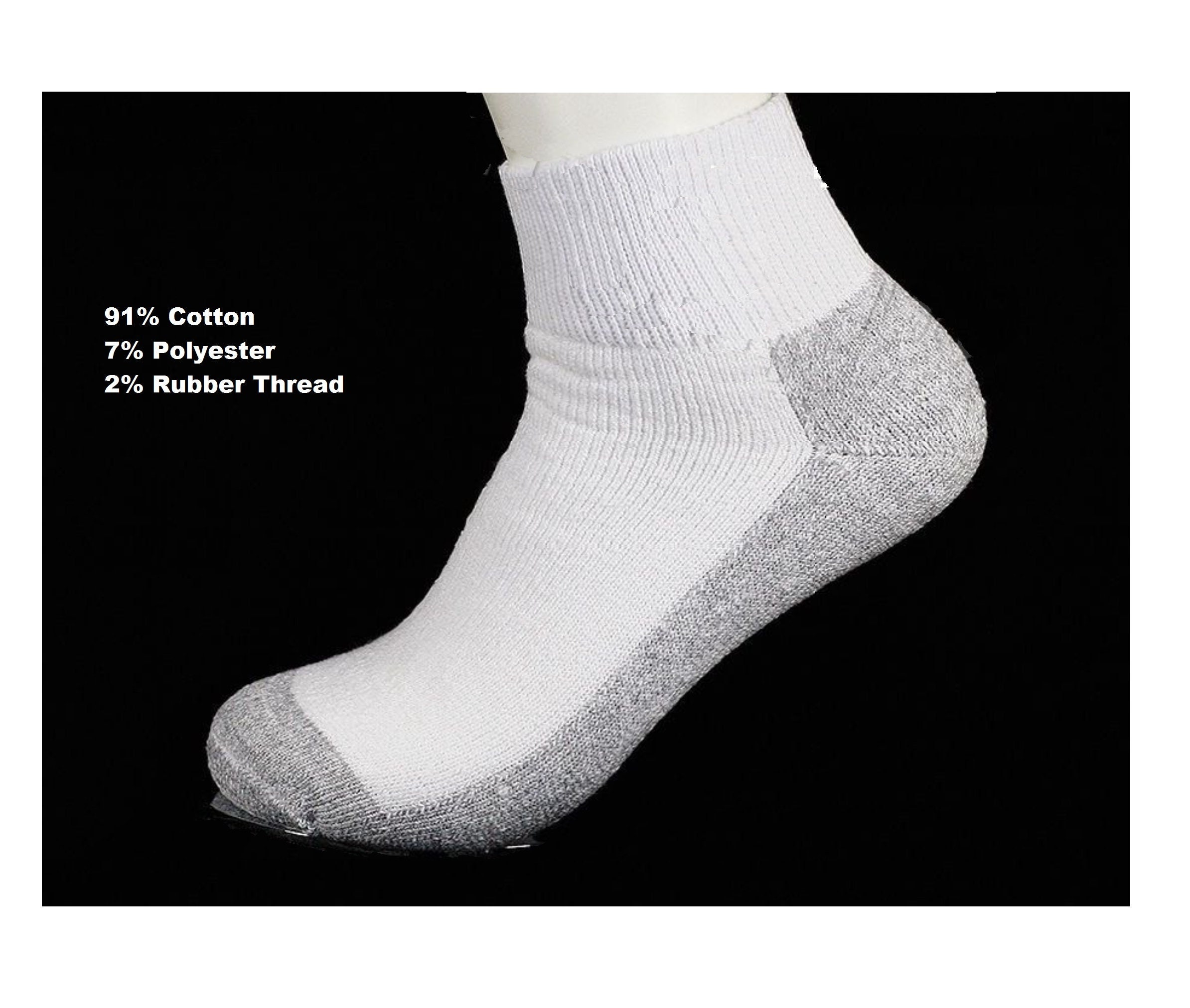 American Made Quarter Length Cotton Socks-12 Pair 13-15 White/Gray Bottom