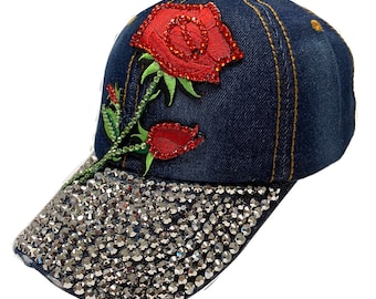 Womens Rhinestone Cap Red Rose Jean Denim Hat Mothers Day Bedazzled Studded Bling Valentine Moms Love Rosas Cap with Sparkle