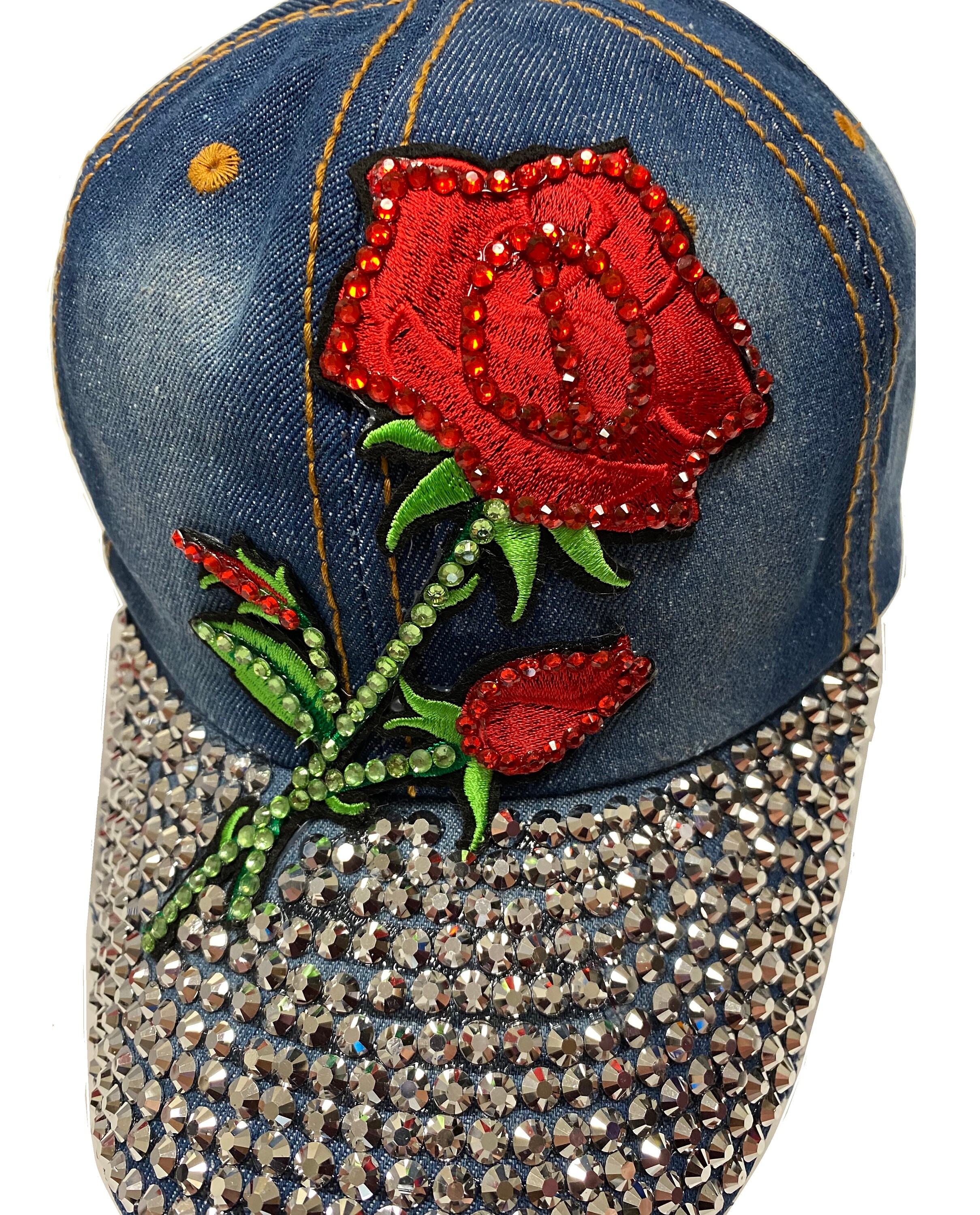 Rhinestone Cap Red Rose Jean Denim Hat 