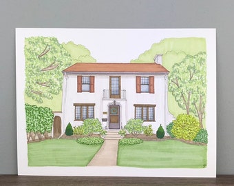 Custom House Portrait, Hand Drawn Home Illustration, Watercolor Style