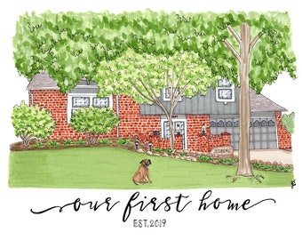 House Drawing, House Portrait, House Painting, Housewarming Gift, Realtor Gift, Closing Gift, Paper Anniversary, New Home, Childhood Home