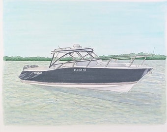 Custom Boat Portrait, Hand-drawn Pen and Ink Rendering