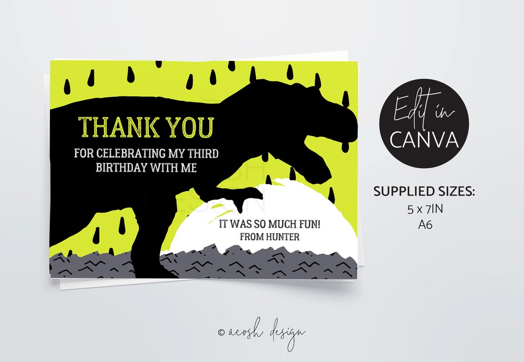 Dinosaur Theme Birthday Thank You Card, Dinosaur Thank You Card