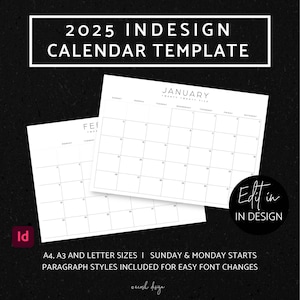 Plantilla de calendario editable de InDesign 2025, plantilla de InDesign, calendario horizontal tamaño carta A4, A3, plantilla de calendario 2025, calendario 2025