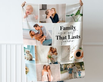 Custom Picture Collage Text Blanket, Family Photo Memorial Throw, Personalized Couple Mom Dad Grandma Daughter Birthday Christmas Keepsake