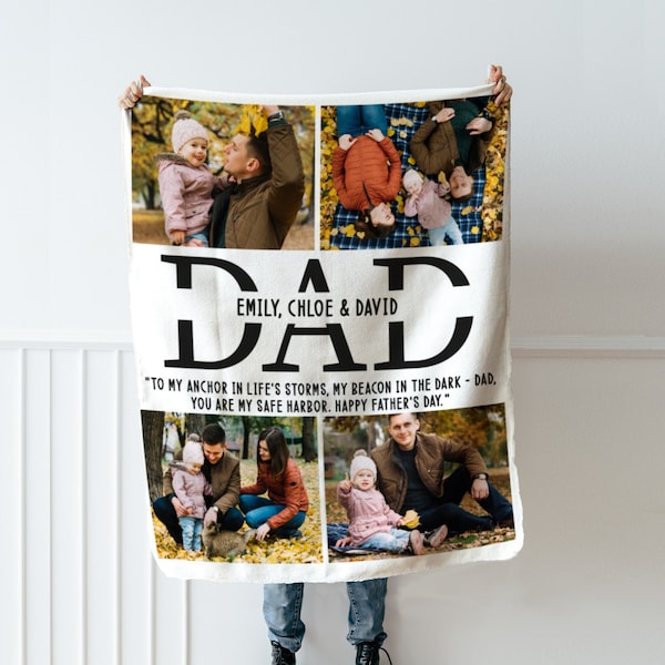 Personalized Picture Blanket for Dad Him, Custom Photo Collage Memorial Keepsake w Name, Fathers Day Valentine Birthday Gift, Best Dad Ever