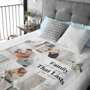 May include: A white fleece blanket with a collage of family photos and the text "Family is a gift that lasts forever".