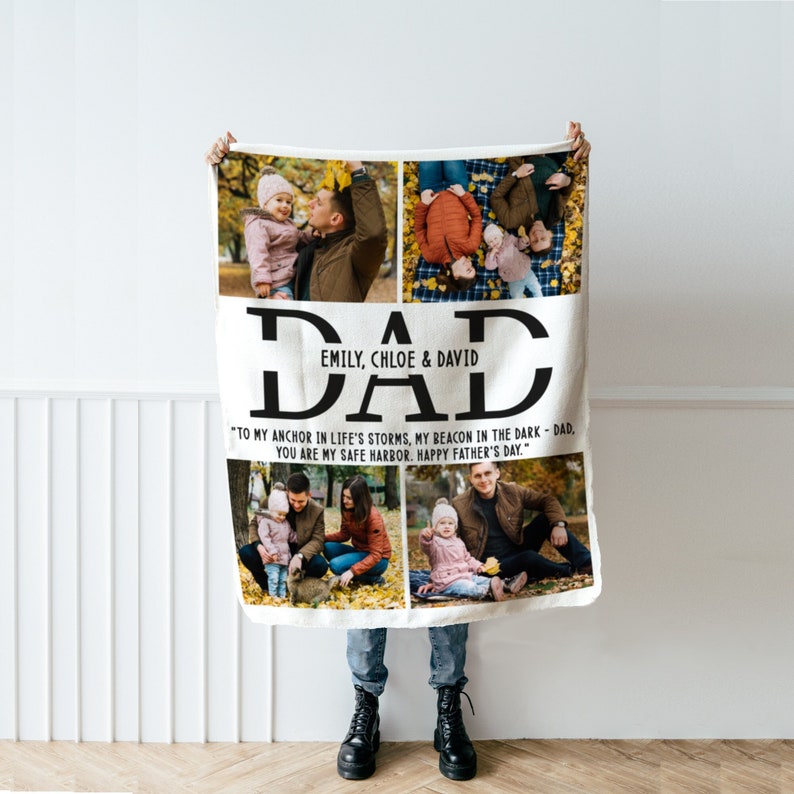 Personalized Picture Blanket for Dad Him, Custom Photo Collage Memorial Keepsake w Name, Fathers Day Valentine Birthday Gift, Best Dad Ever image 1