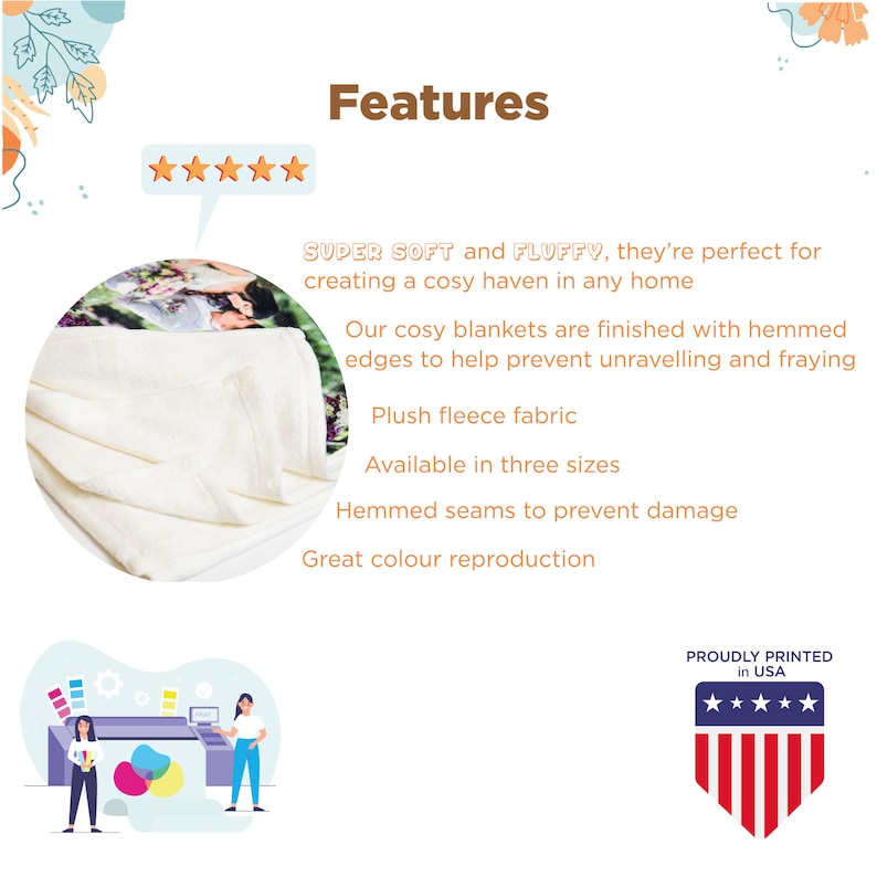 May include: A white plush blanket with a photo printed on it. The blanket is soft and fluffy, and it has hemmed edges to prevent fraying. The text "SUPER SOFT and FLUFFY, they're perfect for creating a cosy haven in any home" is visible in the image. The text "PROUDLY PRINTED in USA" is also visible in the image.