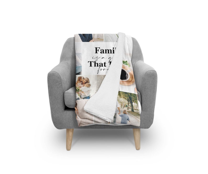 May include: A white and gray fleece throw blanket with a collage of family photos and the text "Family is a gift that lasts forever".