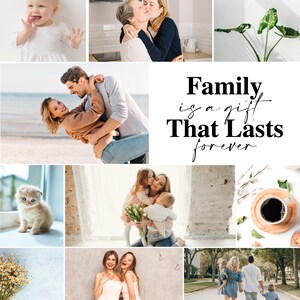 May include: A collage of images depicting different family moments, including a young child, a couple, a mother with her children, two women, and a family walking down a street. The text "Family is a gift That Lasts forever" is displayed in the center of the collage.