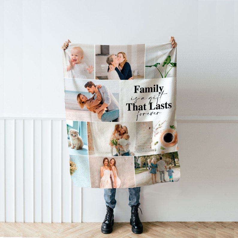 May include: A white throw blanket with a collage of family photos and the text "Family is a gift that lasts forever".