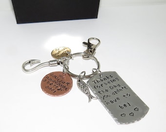 step dad fathers day key ring, thankyou for being the dad you did not have to be, hand stamped personalized key ring, fishing bonus dad gift