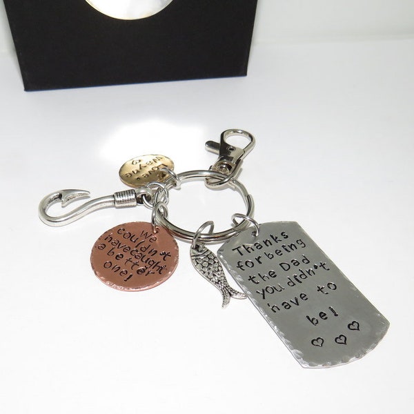 step dad fathers day key ring, thankyou for being the dad you did not have to be, hand stamped personalized key ring, fishing bonus dad gift