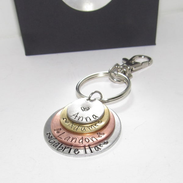 4 layer keychain charm with kids names, custom personalized hand stamped key chain, Keyring with kids  names , Mix metal family charm