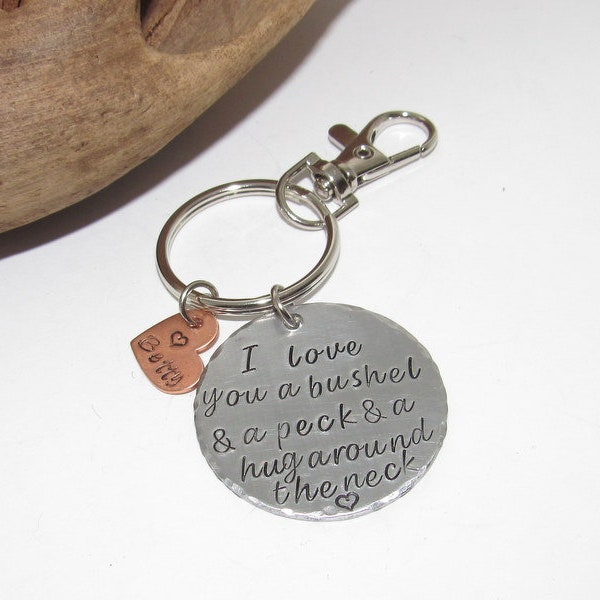 Personalized I love you a bushel and a peck and a hug around the neck keychain , custom Hand stamped jewelry, keychain with kids names