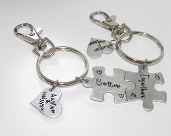 Personalized puzzle piece couples key ring with name charm, better together personalized hand stamped key ring, couples handstamped jewelry