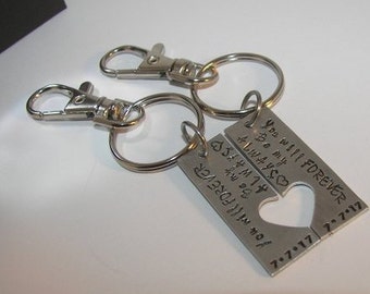 Personalized Split Heart Couples Keychain Set, Hand Stamped bride and groom Keychains , custom personalized hand stamped keychain