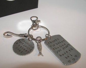 step dad fathers day key ring, thankyou for being the dad you did not have to be, hand stamped personalized key ring, fishing bonus dad gift