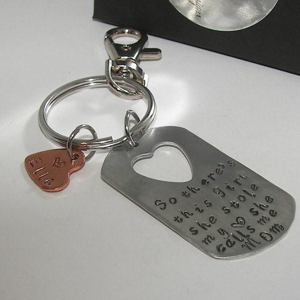 There's this boy who stole my heart he calls me mom, custom personalized Hand stamped keychain, gift for mom from kids handstamped jewelry