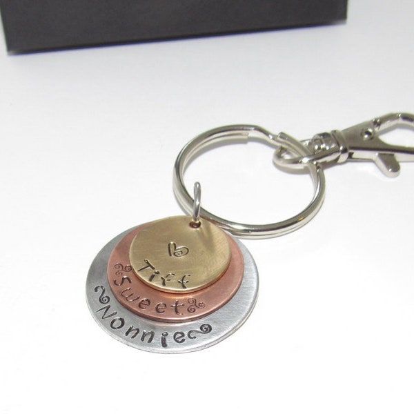 Personalized 3 layer mixed metal keychain, custom personalized keychain, hand stamped key ring jewelryhandstamped jewelry