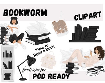 Bookworm Clipart Set POD Scrapbook Invitations Planners Hustle Women Clipart Set Instagram story covers Reading PNGs