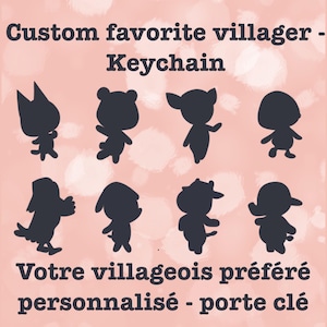 Peut inclure: Fond rose avec le texte "Custom favorite villager - Keychain". Huit silhouettes noires de personnages sont présentées. Le texte français "Votre villageois préféré personnalisé - porte clé" est en bas.