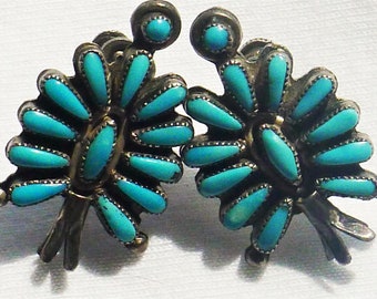 Zuni sterling Silver Petit Point Turquoise Squash Blossom Screwback Earrings