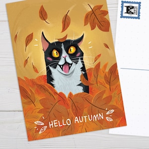Carte postale de chat drôle, Hello Autumn, Carte postale dessinée à la main, Cadeau d’amoureux de chat, Chat Tuxedo,