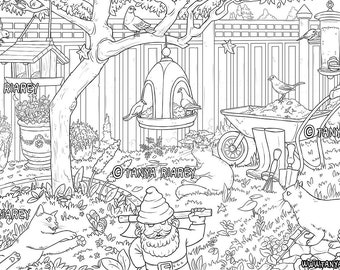 Garden Coloring Page, Adult Coloring, Cat Colouring Page, Plants And Flowers, Digital Download