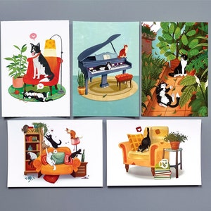 Cat Postcard Set, Tuxedo Cat Art Print, Cat Card, Art Postcards, Cat Illustration, Cats And Plants, Cute Hand Drawn Art