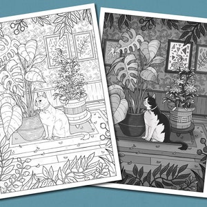 Cat & Plants Colouring Page, Adult Colouring Book, Detailed Colouring Page, Modern Interior Coloring Page