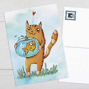 Carte postale de chat, Ginger Cat Art, Cadeau d’amoureux de chat, Carte de chat d’anniversaire, Illustration de chat, Chat & Poisson