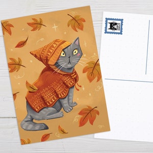 Carte postale de chat grincheux, Art d’automne, Illustration de chat, Drôle de chat, Cadeau d’amoureux des chats, Impression d’art de chat,